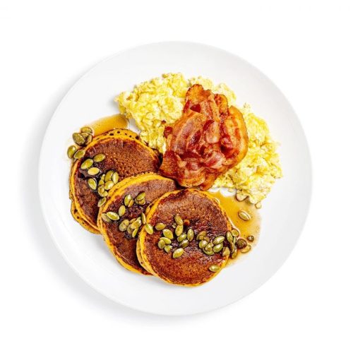 Pumpkin Pancakes with Scrambled Eggs & Bacon