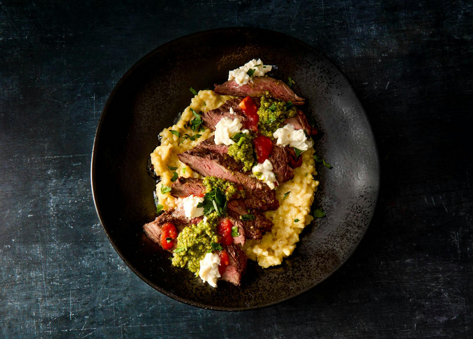 Steak Pomodoro over Basil Risotto