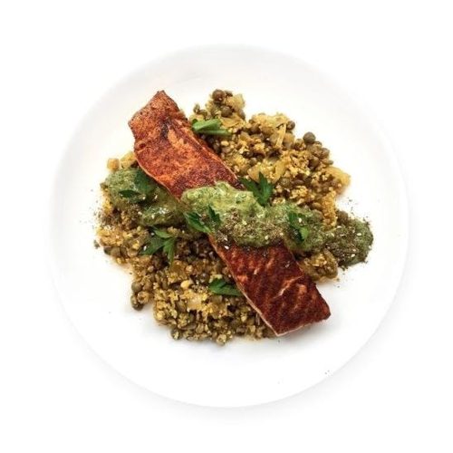 Mediterranean  Seared Salmon & Cauliflower Lentil Mujadara