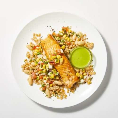Seared Salmon over Farro & White Bean Salad