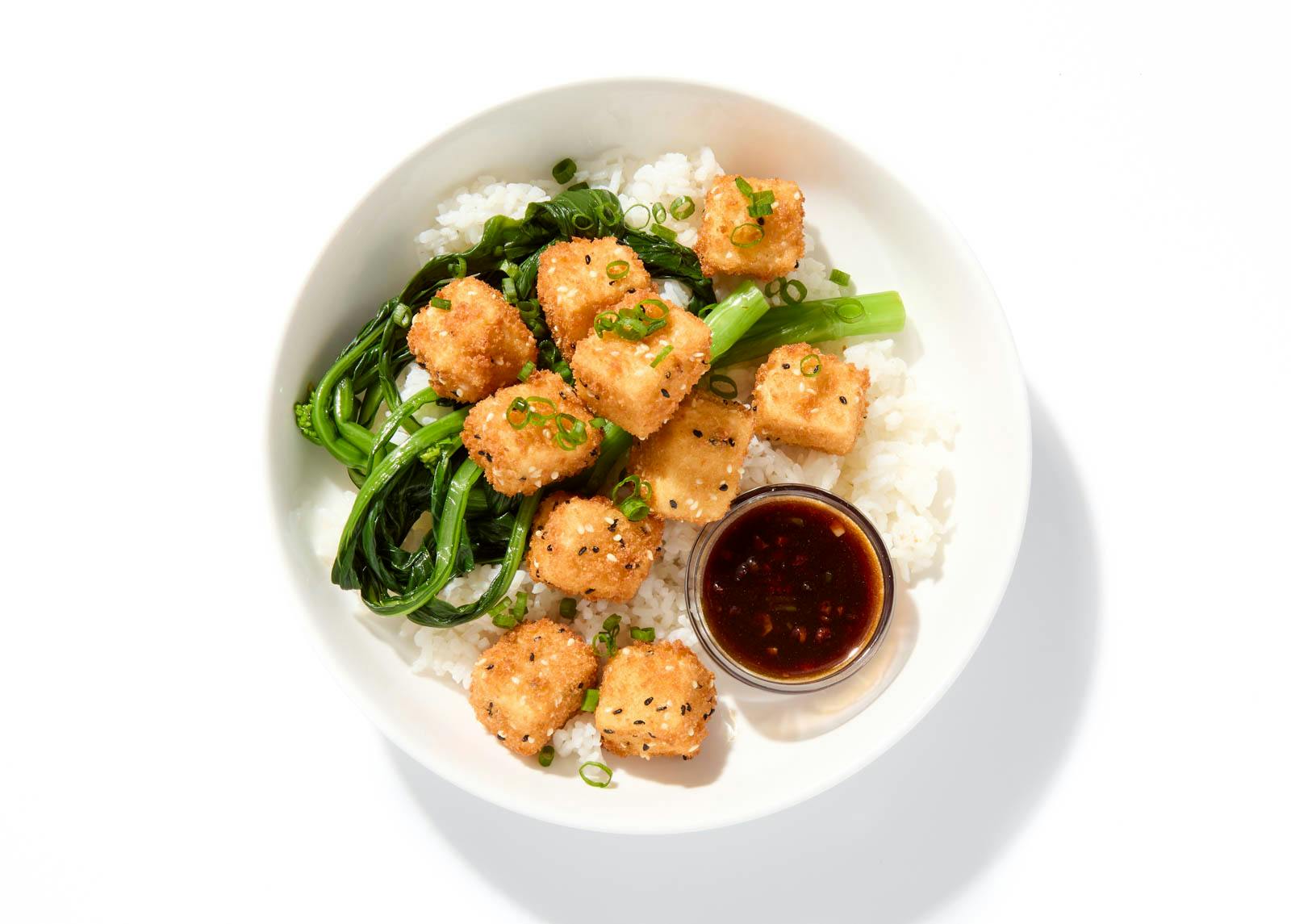 Spicy Kung Pao Sesame Tofu Rice Bowl