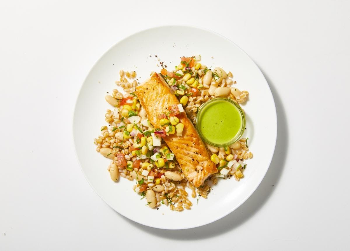 Seared Salmon over Farro & White Bean Salad