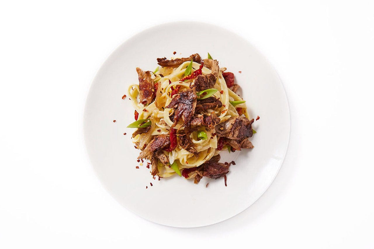 Duck Carnitas over Creamy Fetuccine Pasta