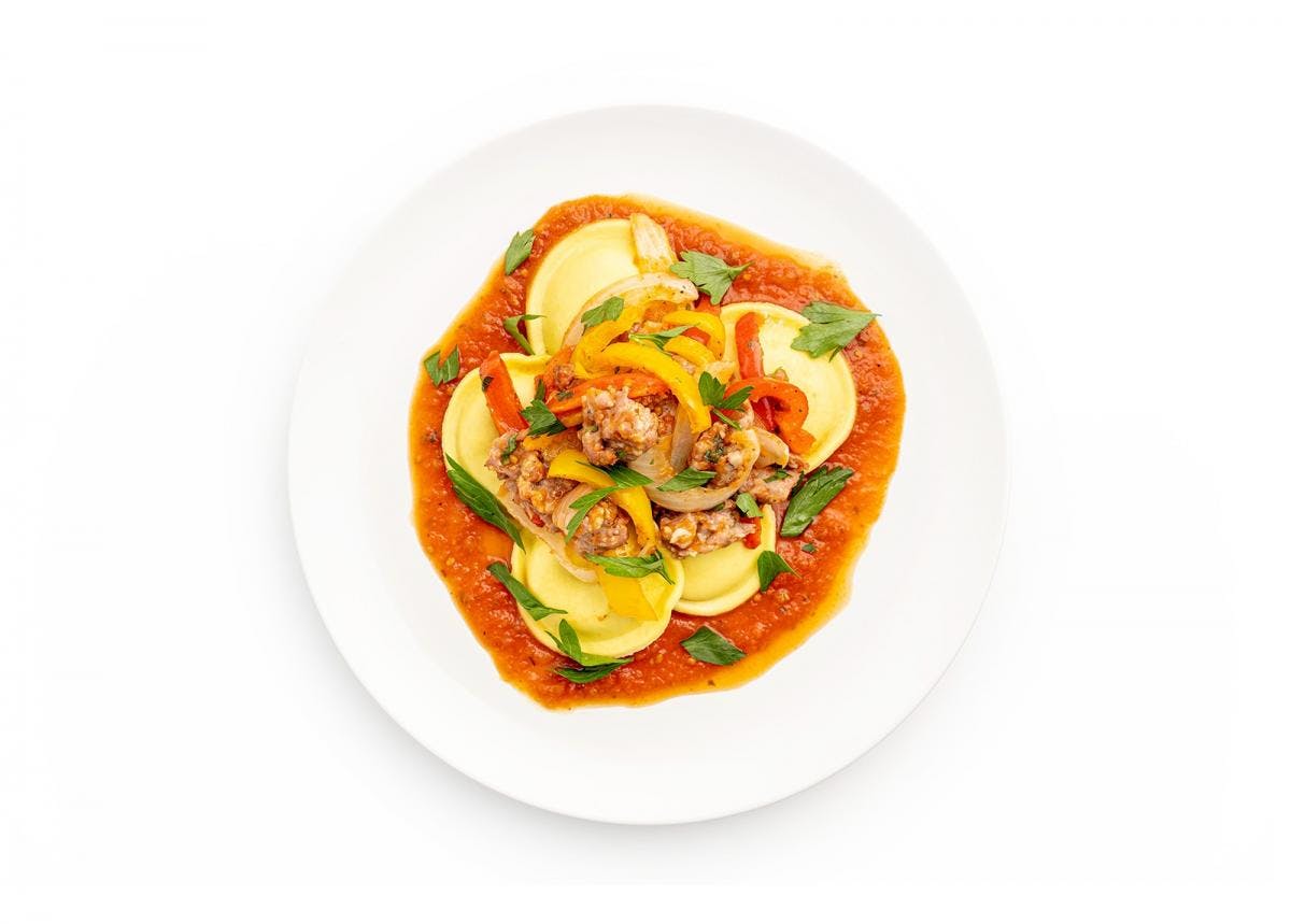 Broccoli Rabe Ravioli with Sausage and Pepper Ragu