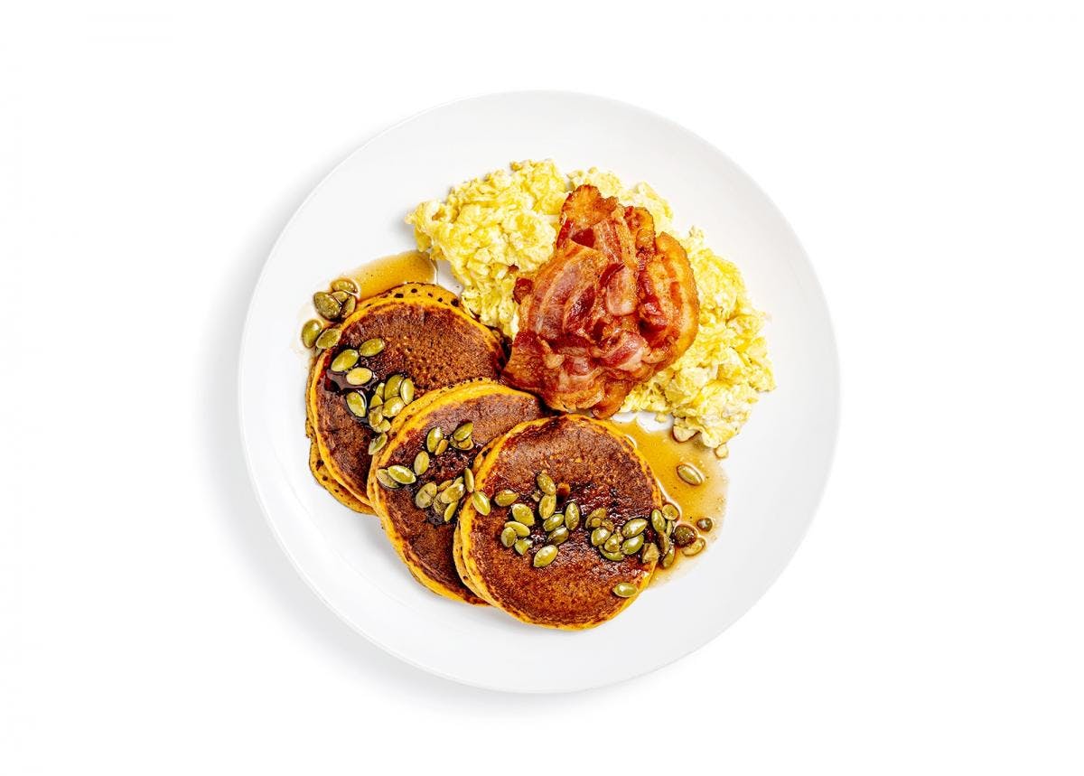 Pumpkin Pancakes with Scrambled Eggs & Bacon